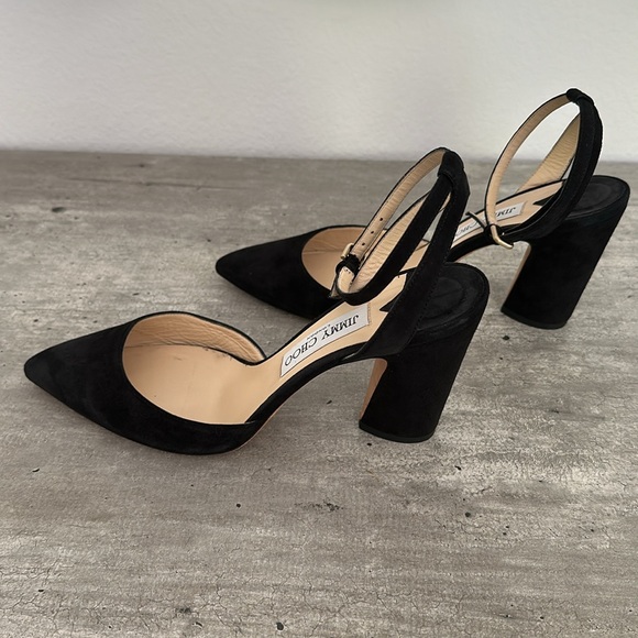 Jimmy Choo Black Suede Block Heels Ankle Strap Pointed Toe Shoes Size 39 1/2 - Picture 5 of 10